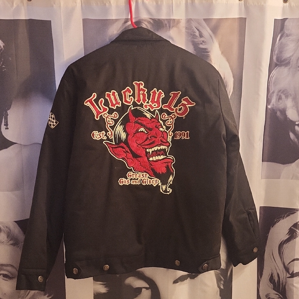 Lucky Brand Black Bomber Jacket with Red Graphics